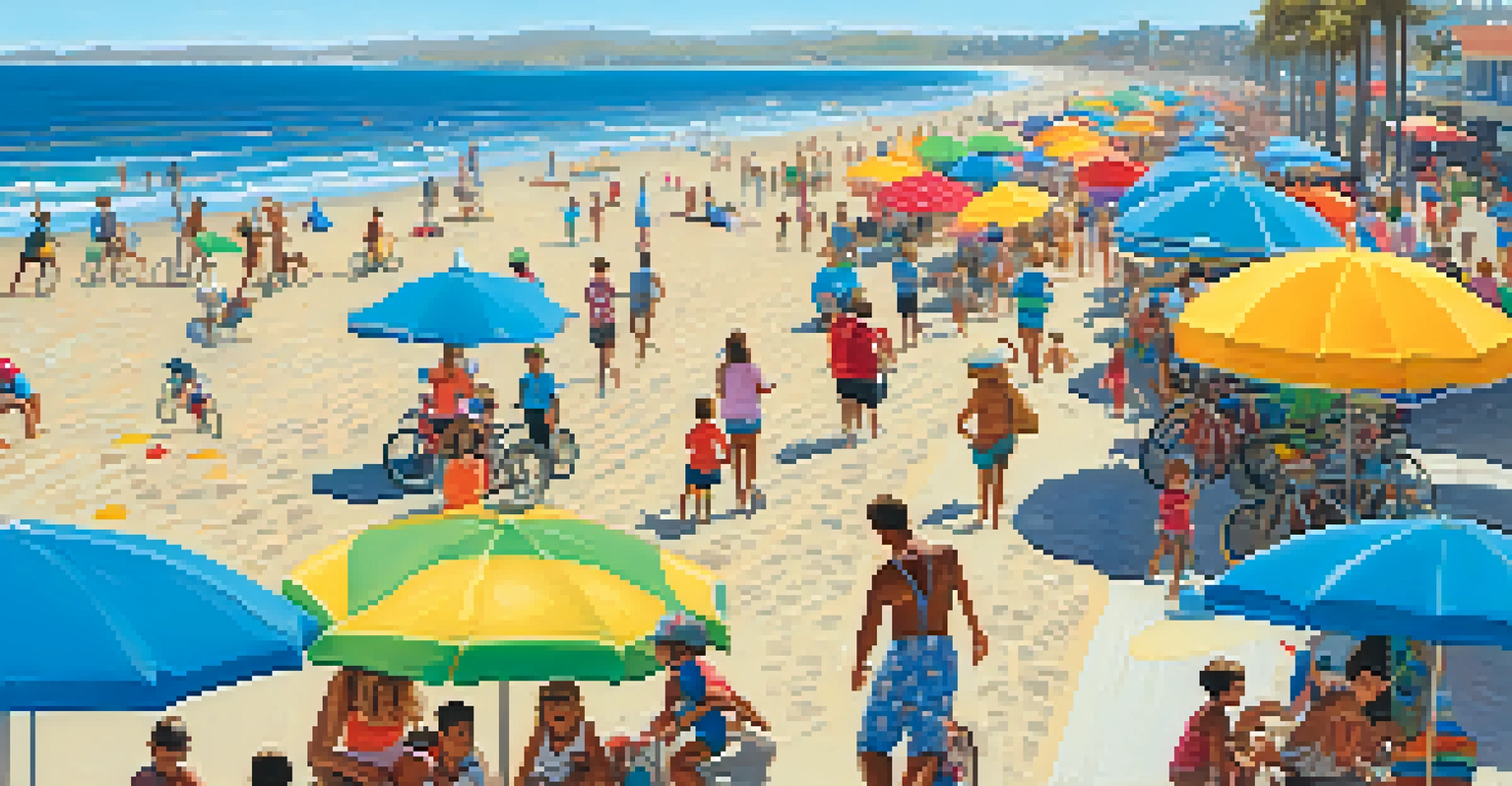 Families biking and rollerblading on the Mission Beach boardwalk with children building sandcastles.