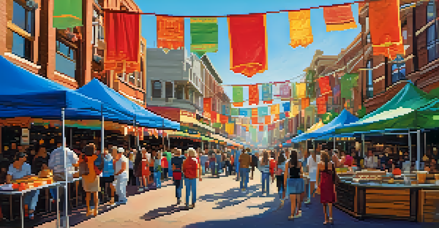 An outdoor festival in the Gaslamp Quarter with food stalls, live music, and colorful decorations.