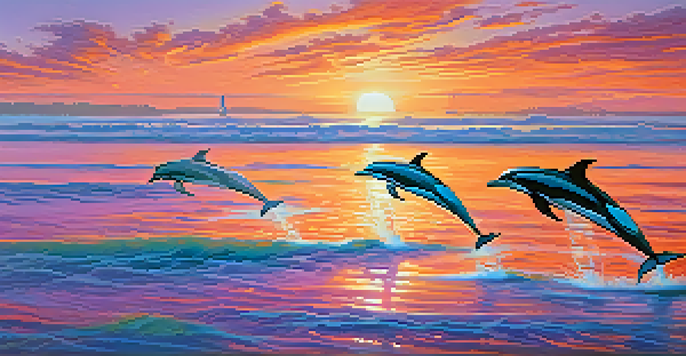 A sunset view over San Diego's coastline with dolphins jumping in the water and seabirds flying above.