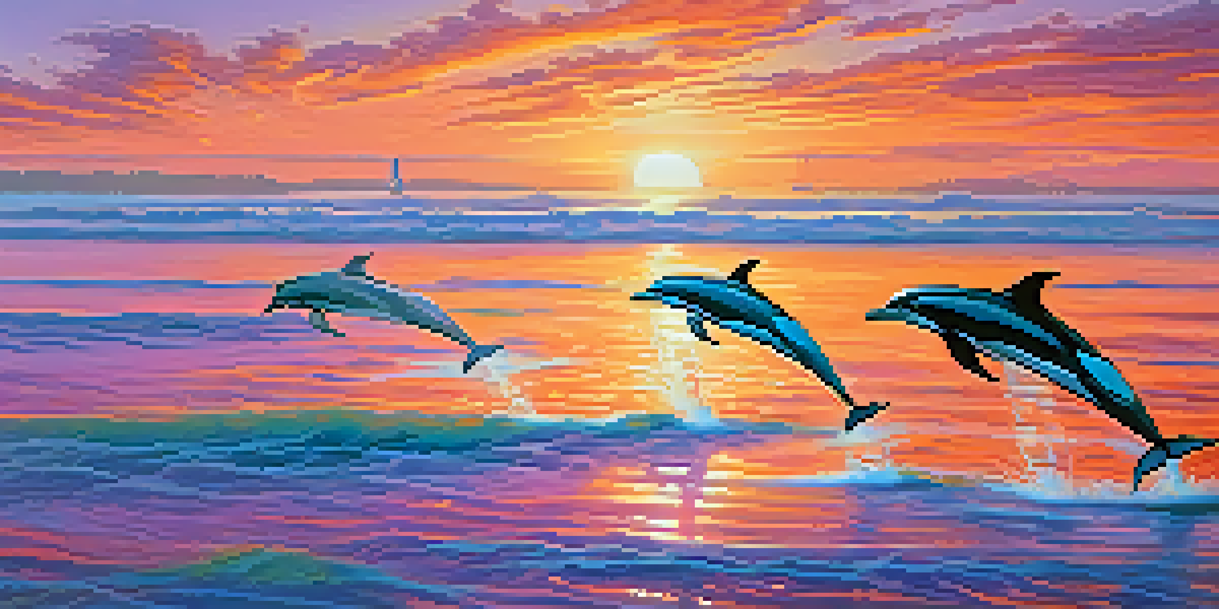 A sunset view over San Diego's coastline with dolphins jumping in the water and seabirds flying above.