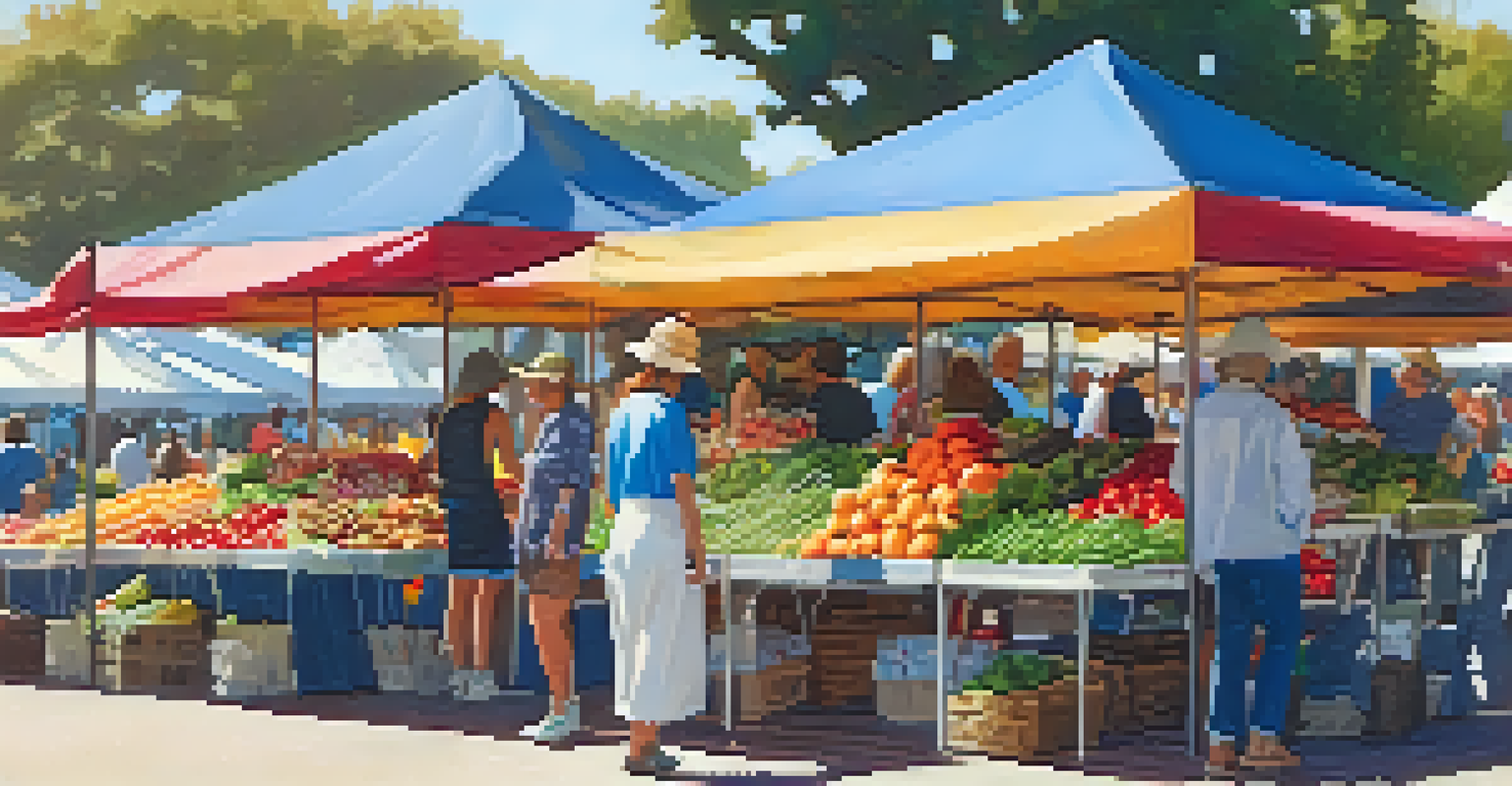 A charming farmers market with fewer vendors and shoppers interacting with local farmers against a scenic backdrop.