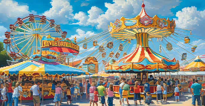 Families enjoying rides and food at the San Diego County Fair on a sunny day.