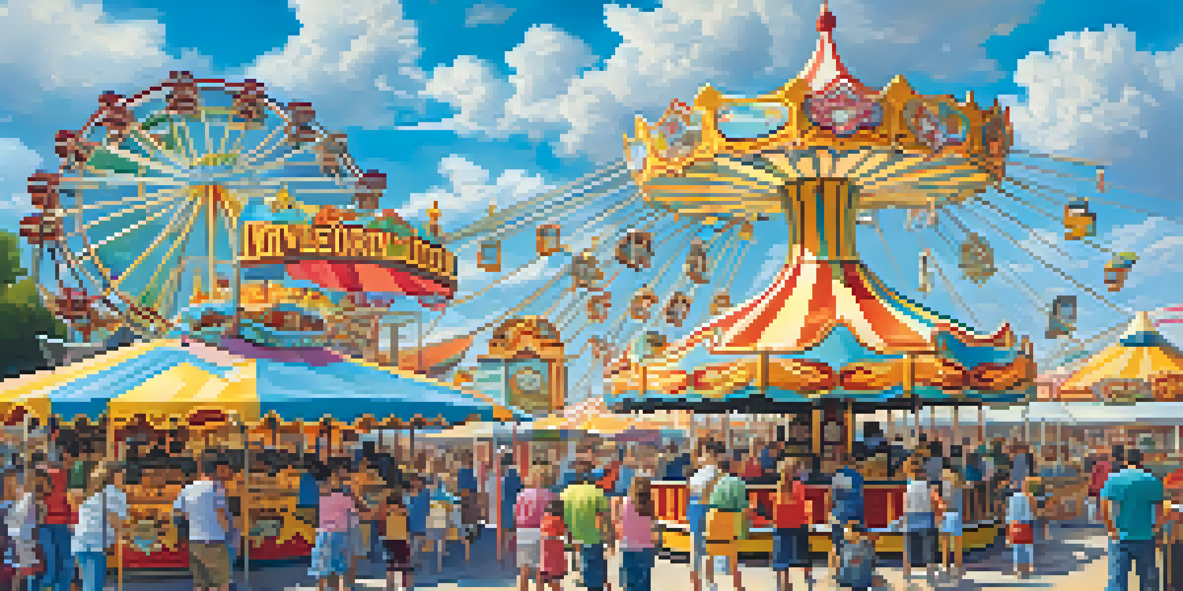 Families enjoying rides and food at the San Diego County Fair on a sunny day.