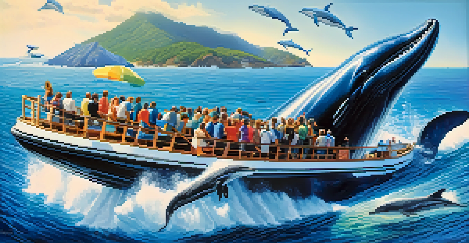 A whale-watching boat with excited tourists surrounded by jumping dolphins in a bright blue ocean.
