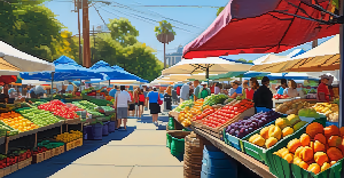 A bustling farmers market in San Diego filled with colorful fruits and vegetables, families browsing, and local artisans displaying crafts.