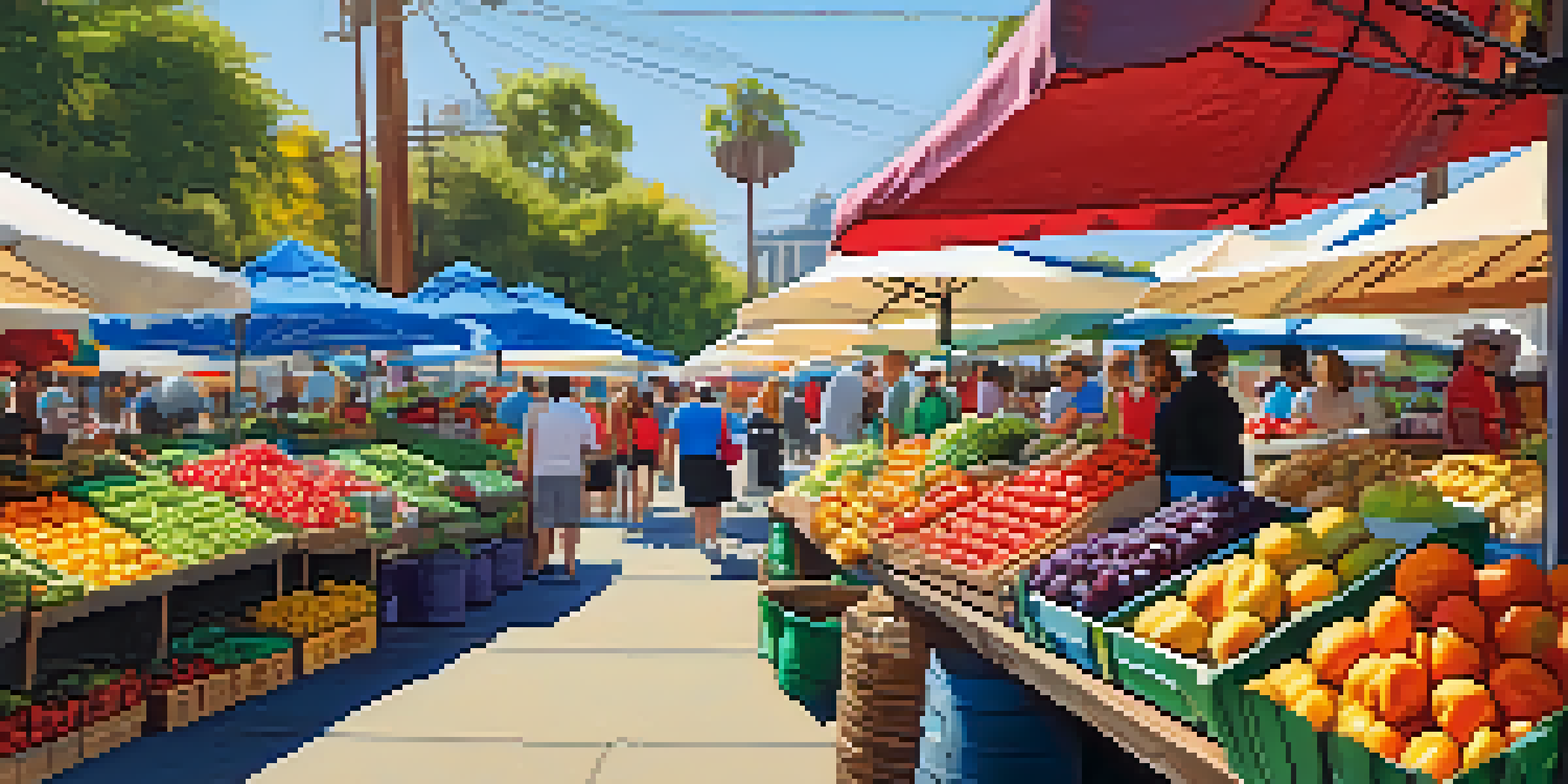A bustling farmers market in San Diego filled with colorful fruits and vegetables, families browsing, and local artisans displaying crafts.