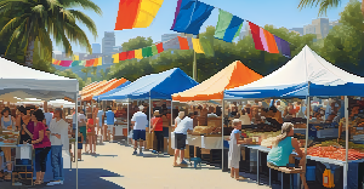 A lively community gathering at a farmers market, with families enjoying food and children playing under colorful tents.