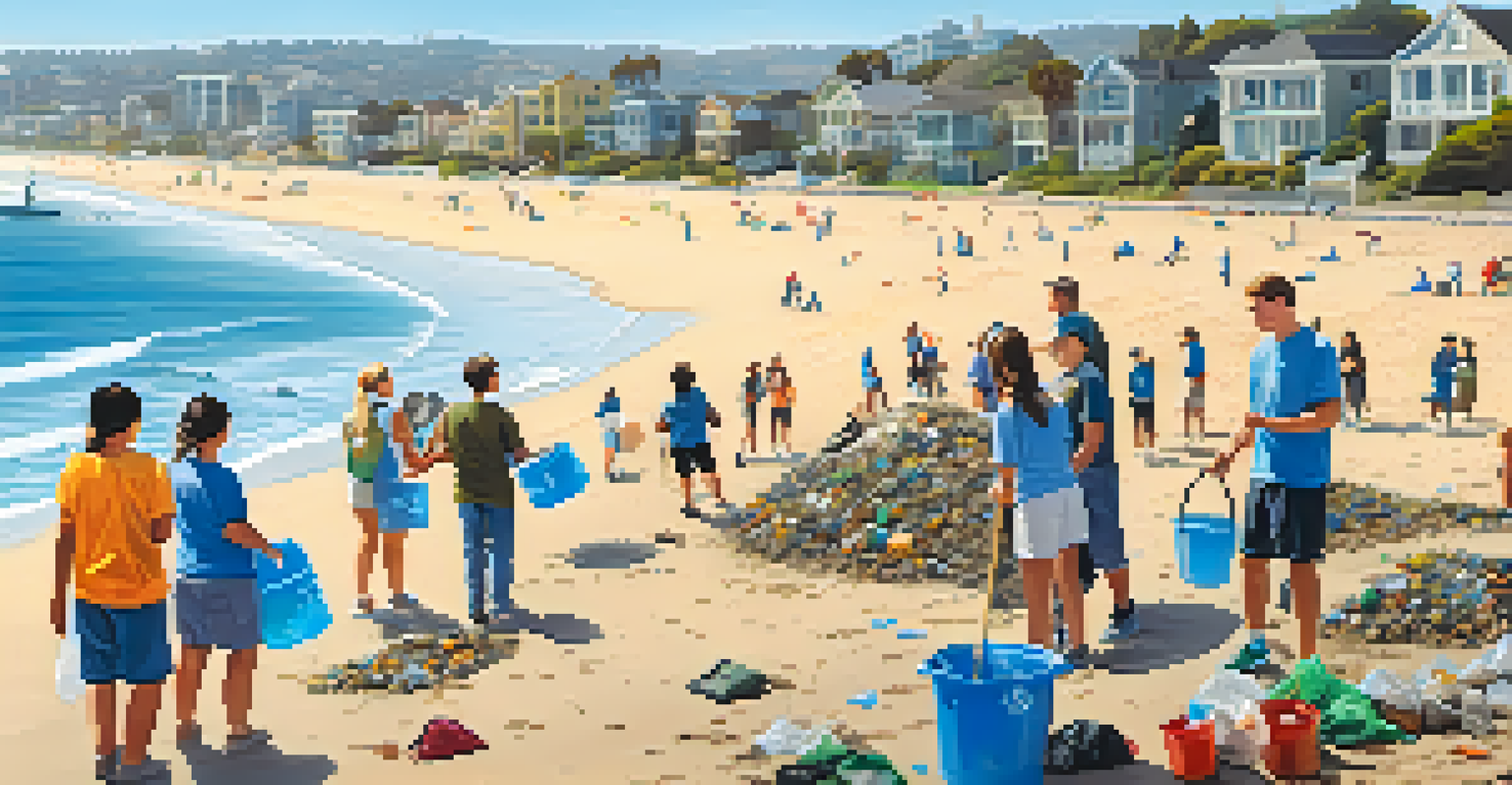 Volunteers participating in a beach clean-up along the San Diego shoreline under a sunny sky.