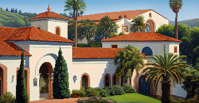 A scenic view of the Junipero Serra Museum surrounded by greenery, highlighting its Spanish Colonial Revival architecture.