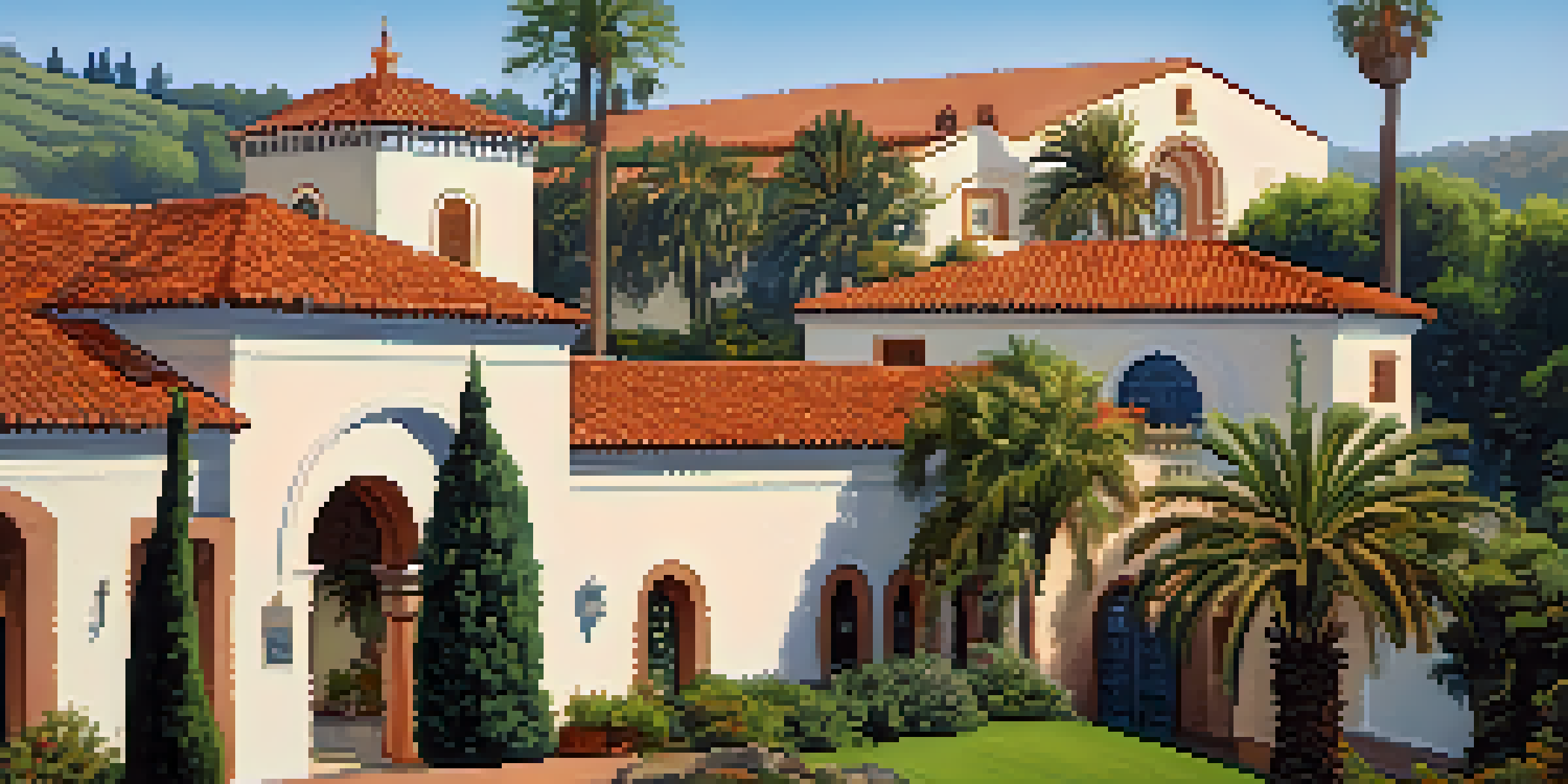 A scenic view of the Junipero Serra Museum surrounded by greenery, highlighting its Spanish Colonial Revival architecture.