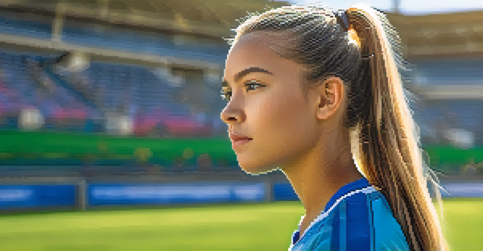 A close-up of a determined young female soccer player, wearing a team jersey on a sunny soccer field.