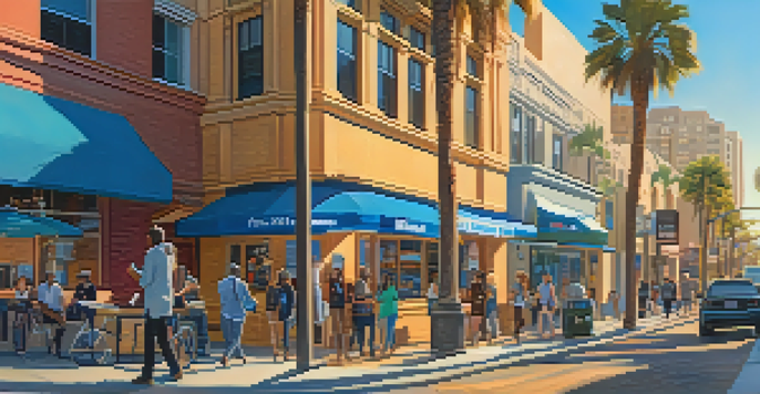 A lively street in San Diego filled with modern telehealth startup storefronts, people using technology, and palm trees under a bright sky.