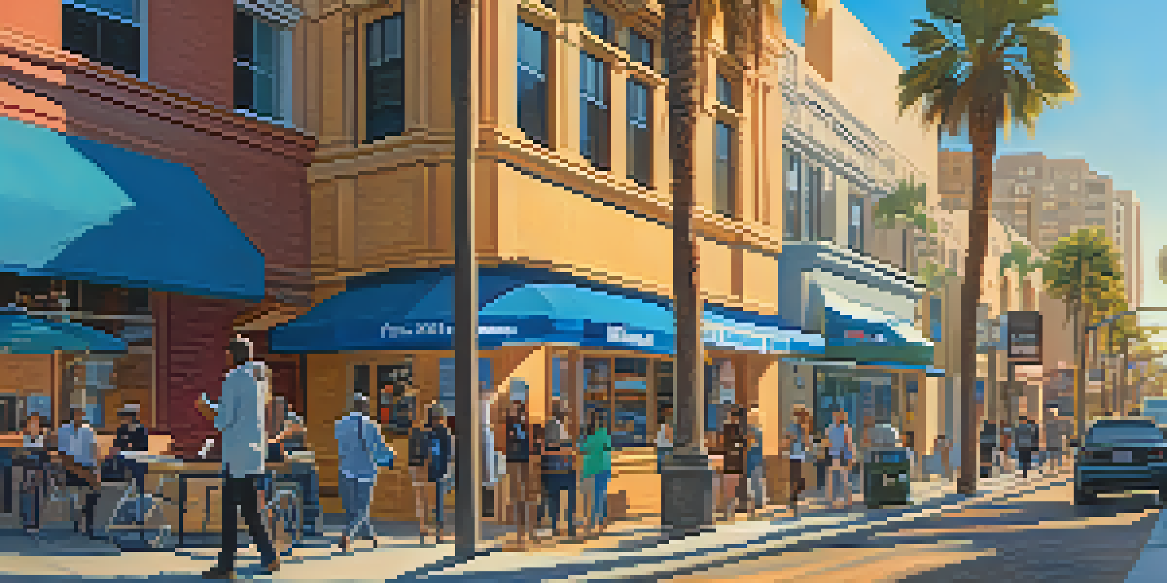 A lively street in San Diego filled with modern telehealth startup storefronts, people using technology, and palm trees under a bright sky.