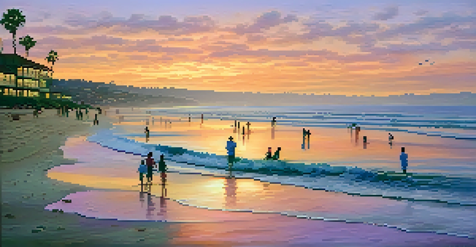 Families enjoying a sunset at La Jolla Shores, with children playing and beautiful colors in the sky.