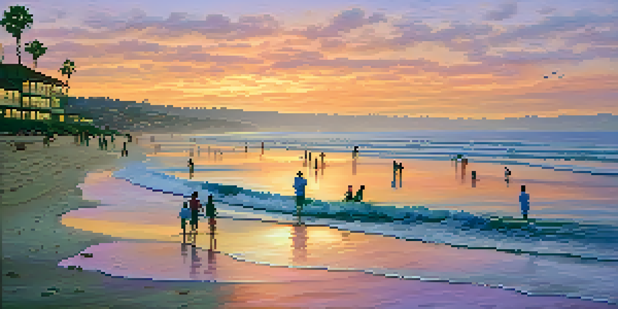 Families enjoying a sunset at La Jolla Shores, with children playing and beautiful colors in the sky.