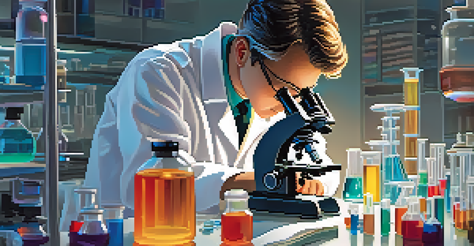 A researcher in a lab coat using a microscope in a modern laboratory filled with equipment.