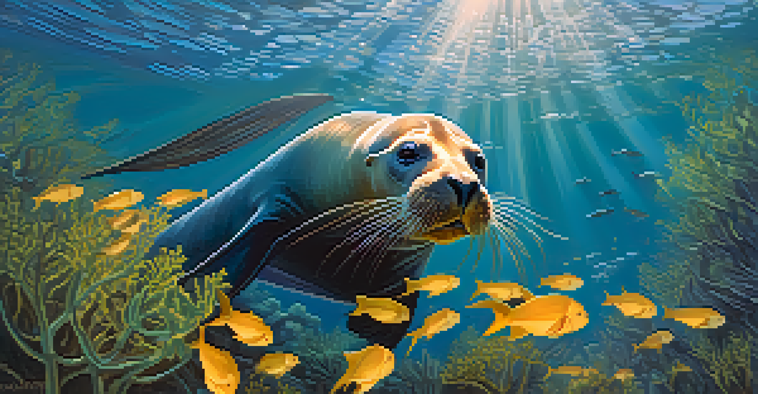 An underwater view of a California sea lion swimming through a kelp forest, with sunlight filtering down and colorful fish surrounding it.