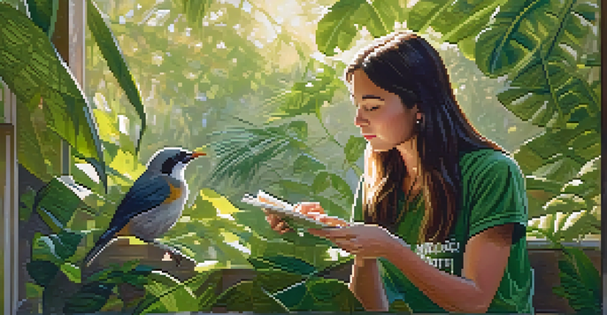 A young volunteer feeding a baby bird in a wildlife conservation center, surrounded by greenery and warm sunlight.