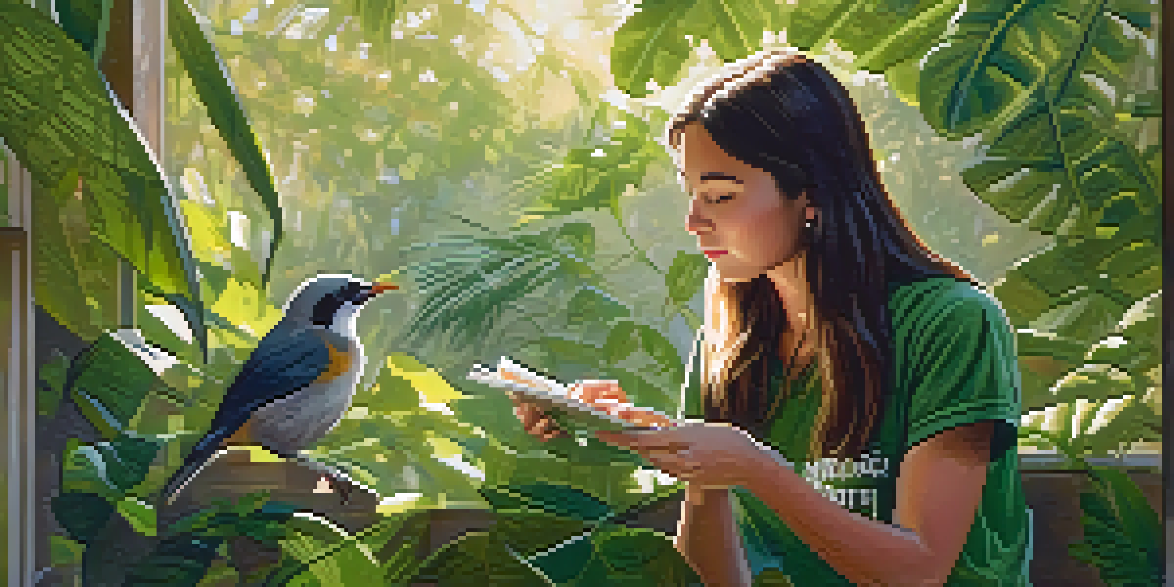 A young volunteer feeding a baby bird in a wildlife conservation center, surrounded by greenery and warm sunlight.