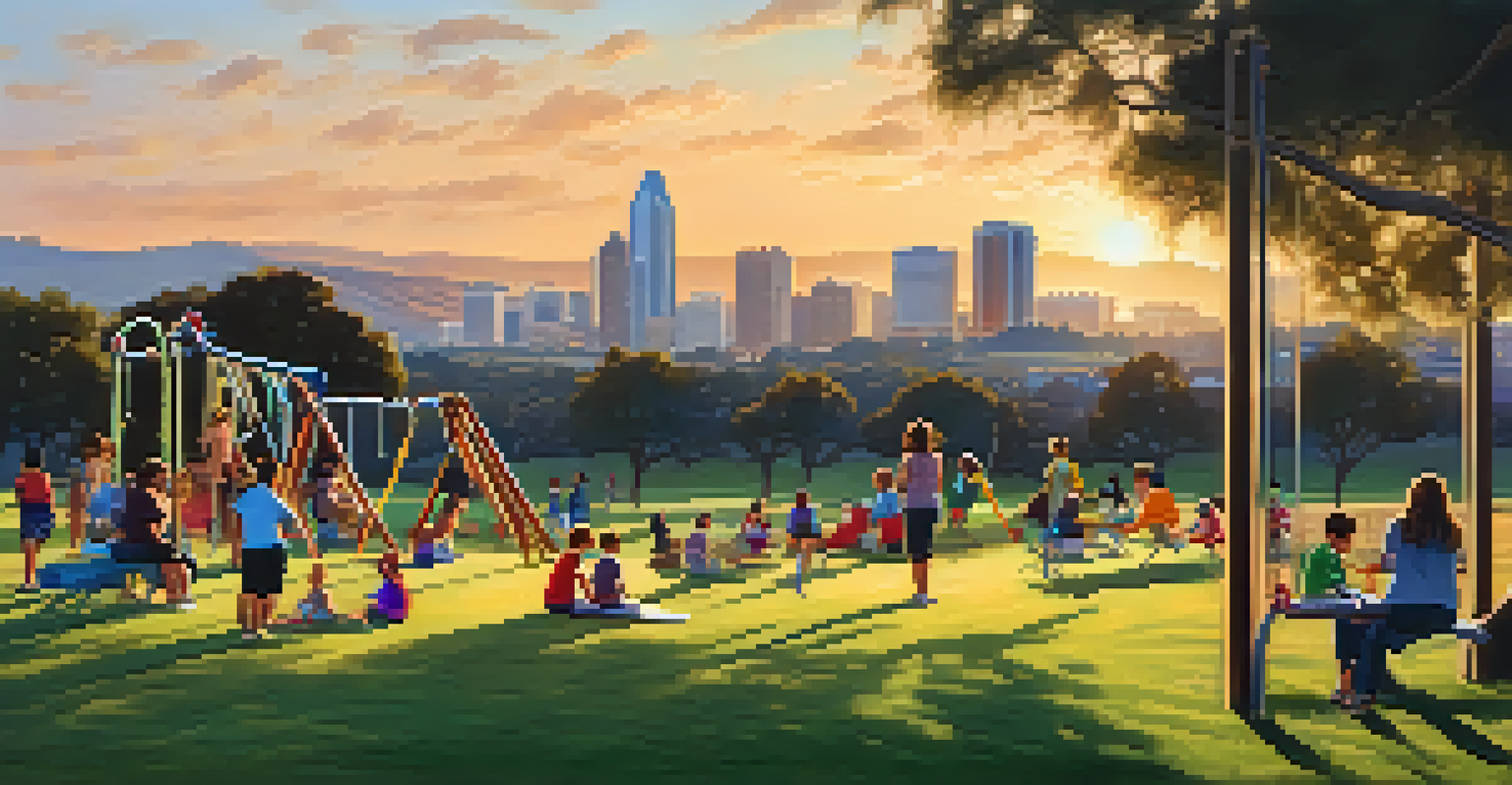 Children playing in Kate Sessions Park at sunset, with families picnicking and the San Diego skyline in the background.