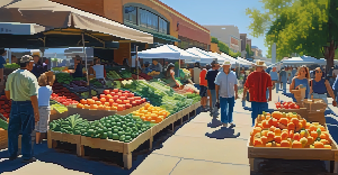 A bustling farmers' market in San Diego filled with colorful fresh produce and people interacting with local farmers under bright sunlight.