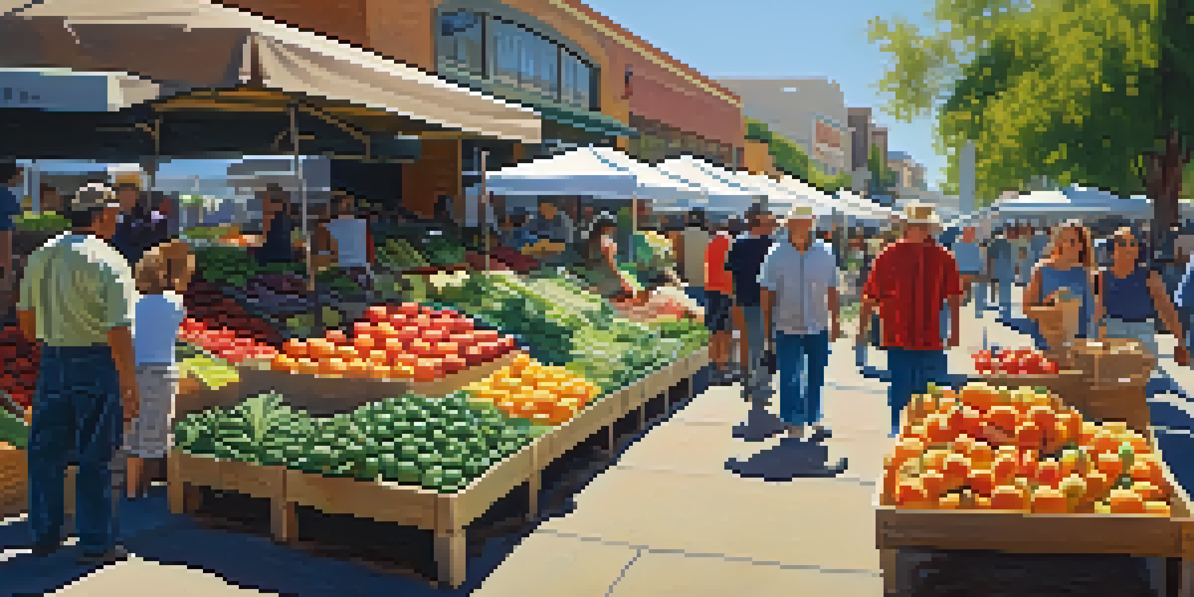 A bustling farmers' market in San Diego filled with colorful fresh produce and people interacting with local farmers under bright sunlight.