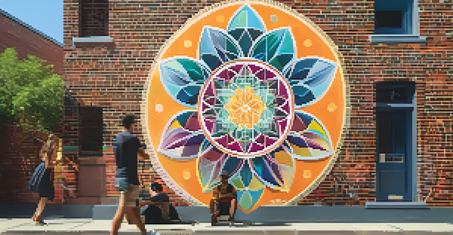 A colorful contemporary mural titled 'The Flower of Life' on a brick wall in North Park, surrounded by plants and visitors appreciating the artwork.