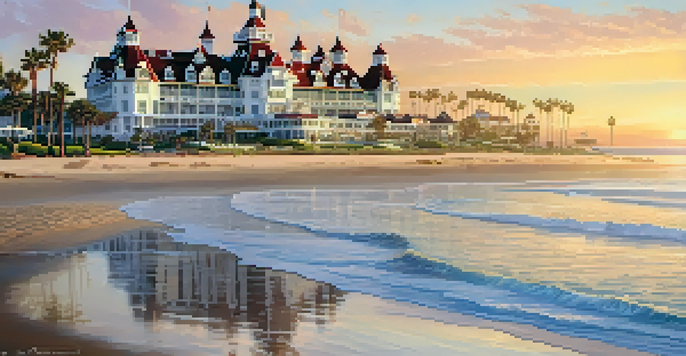 A beautiful view of the Hotel del Coronado during sunset, highlighting its Victorian architecture and surrounding palm trees.