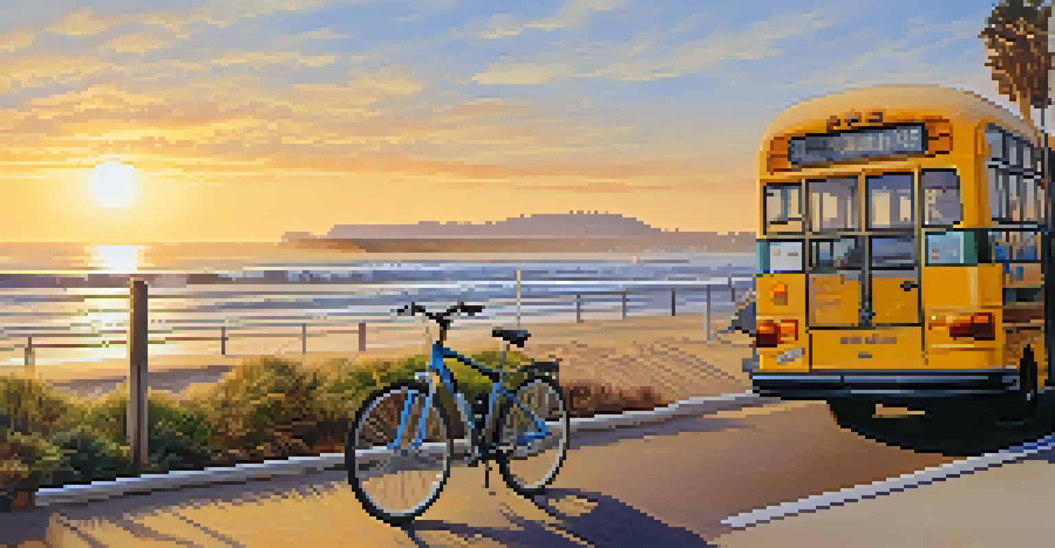 A picturesque San Diego coastline with a beach, bike path, and a bus parked in the foreground, as cyclists ride by during sunset.
