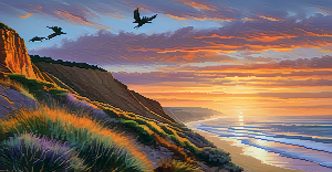 A beautiful sunset with cliffs and ocean waves at Torrey Pines State Natural Reserve, with colorful sky and flying birds.