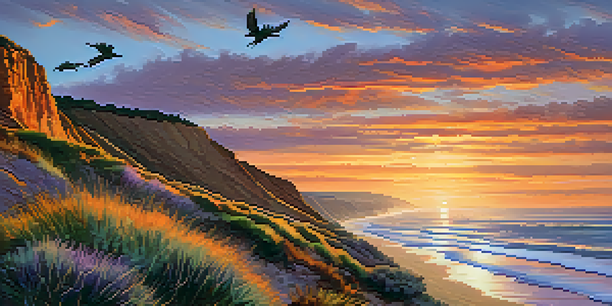 A beautiful sunset with cliffs and ocean waves at Torrey Pines State Natural Reserve, with colorful sky and flying birds.