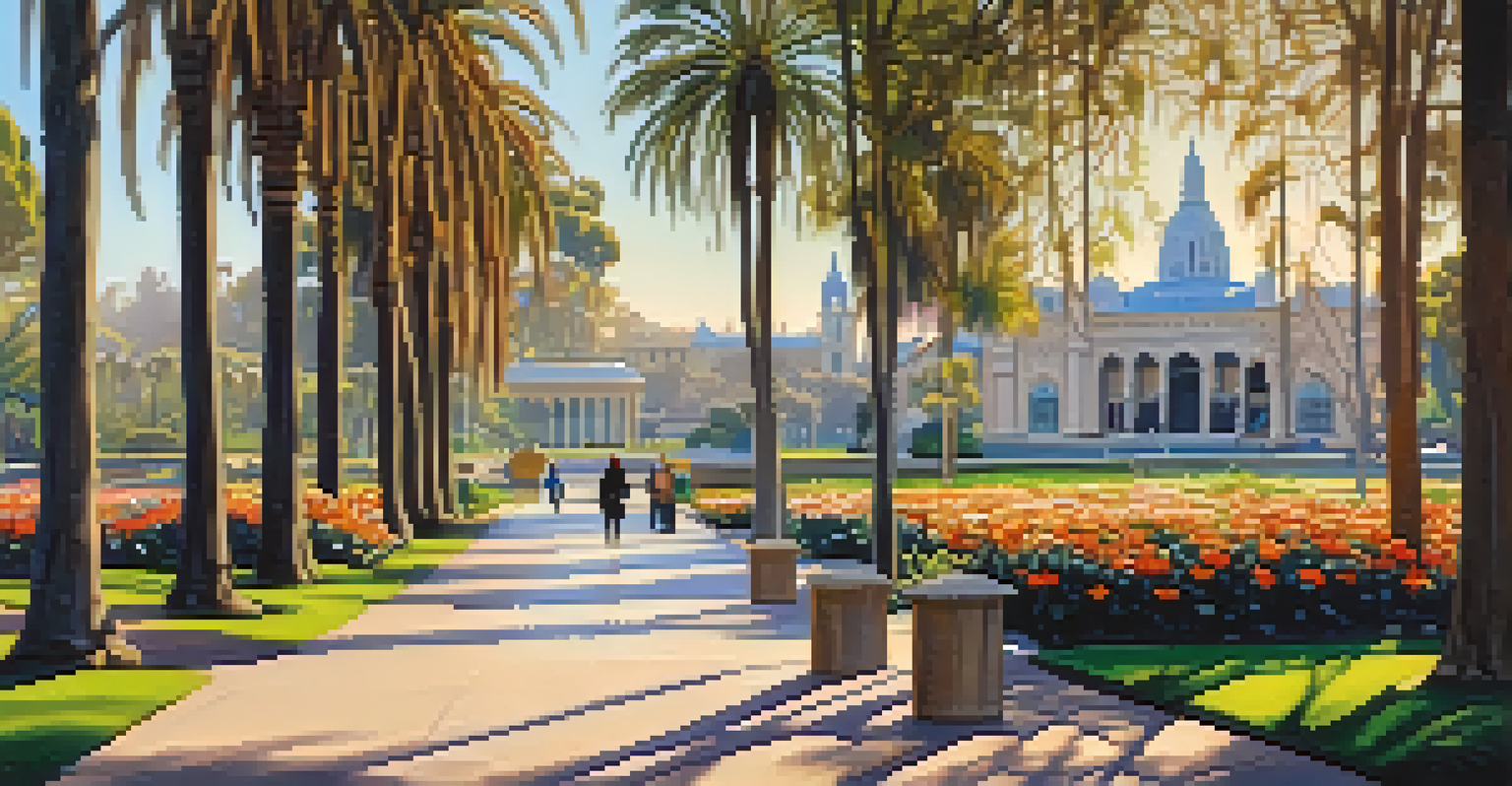A winter morning in Balboa Park, San Diego, with blooming flowers and visitors walking.