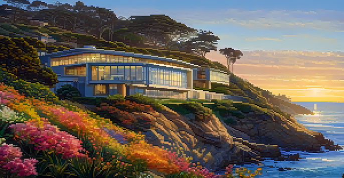 A coastal view of UC San Diego's Scripps Institution of Oceanography with modern buildings and lush greenery at sunset.