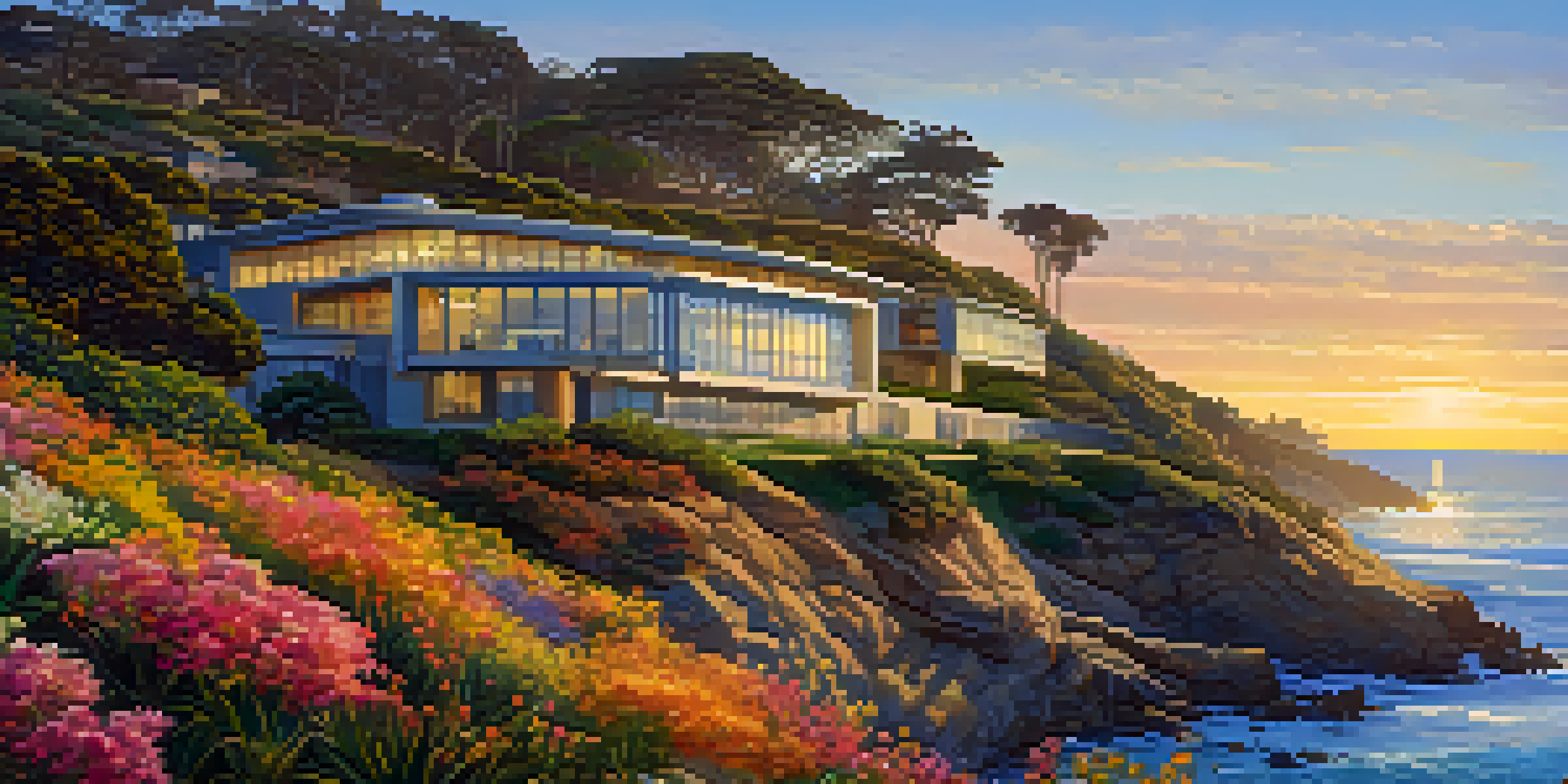 A coastal view of UC San Diego's Scripps Institution of Oceanography with modern buildings and lush greenery at sunset.