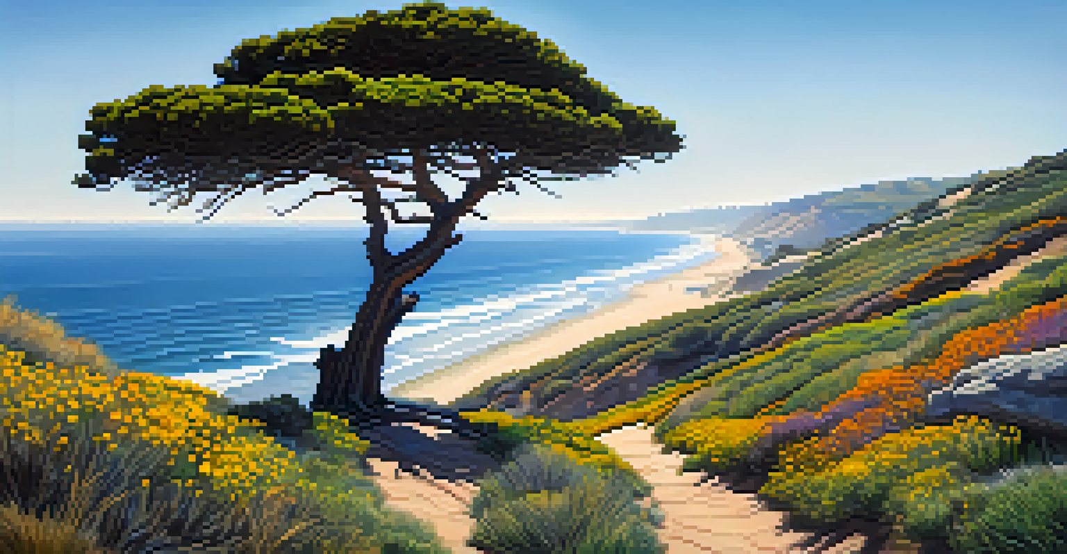 A hiker overlooking the Pacific Ocean from the cliffs of Torrey Pines, surrounded by trees and wildflowers.