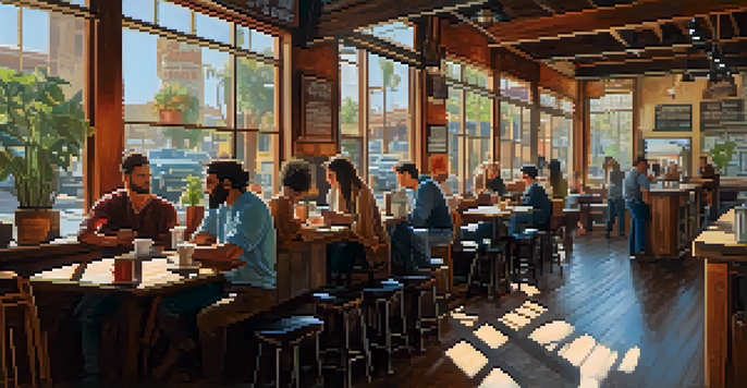 A warm and inviting café interior in San Diego, with people enjoying coffee and a barista at work.