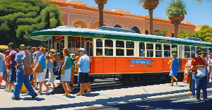 A busy San Diego Trolley station with colorful trolleys, passengers waiting, palm trees, and bright urban buildings under a clear blue sky.