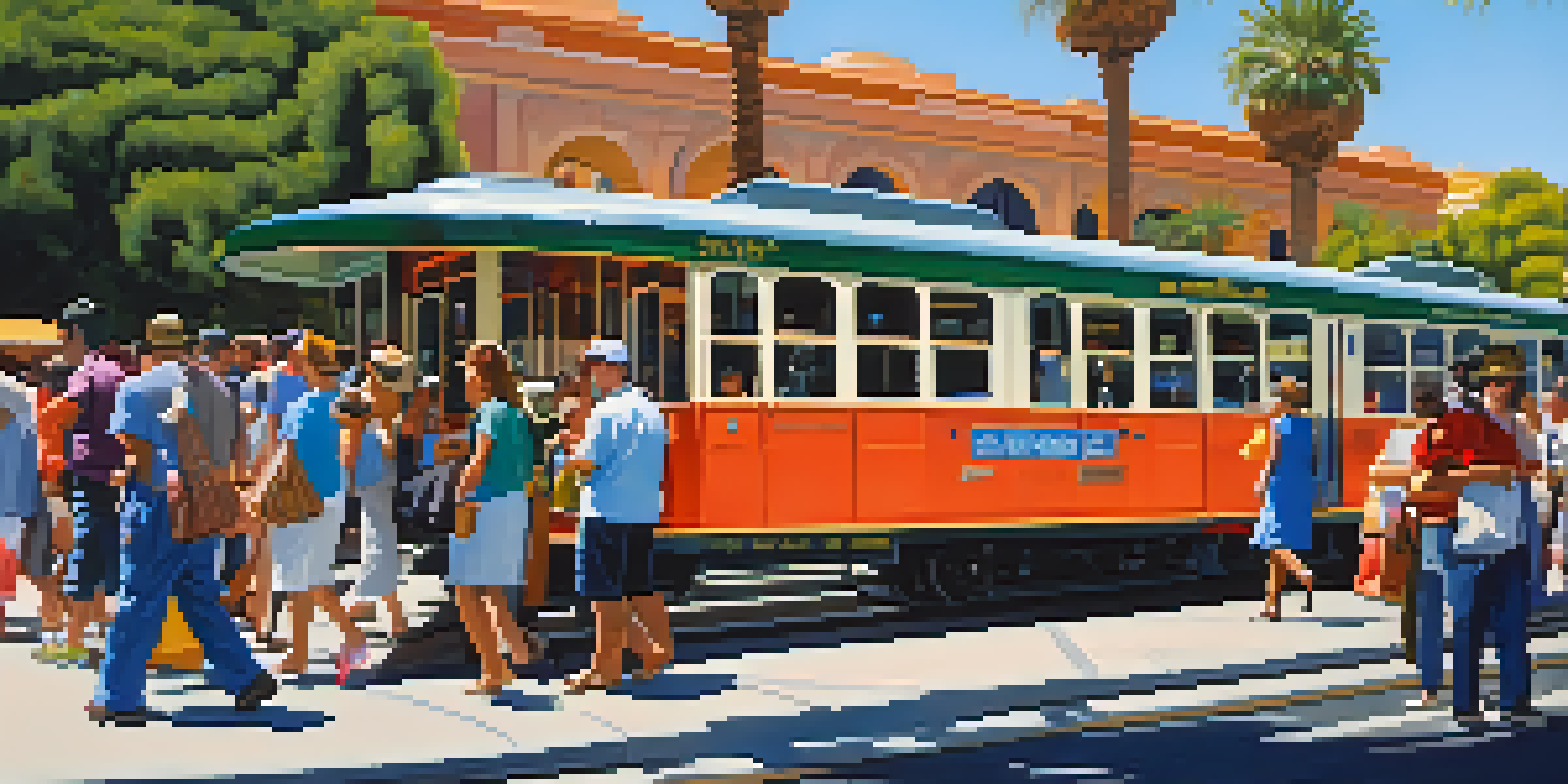 A busy San Diego Trolley station with colorful trolleys, passengers waiting, palm trees, and bright urban buildings under a clear blue sky.