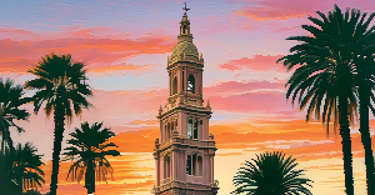 The California Tower in Balboa Park against a sunset sky, highlighting its Spanish Renaissance architecture.