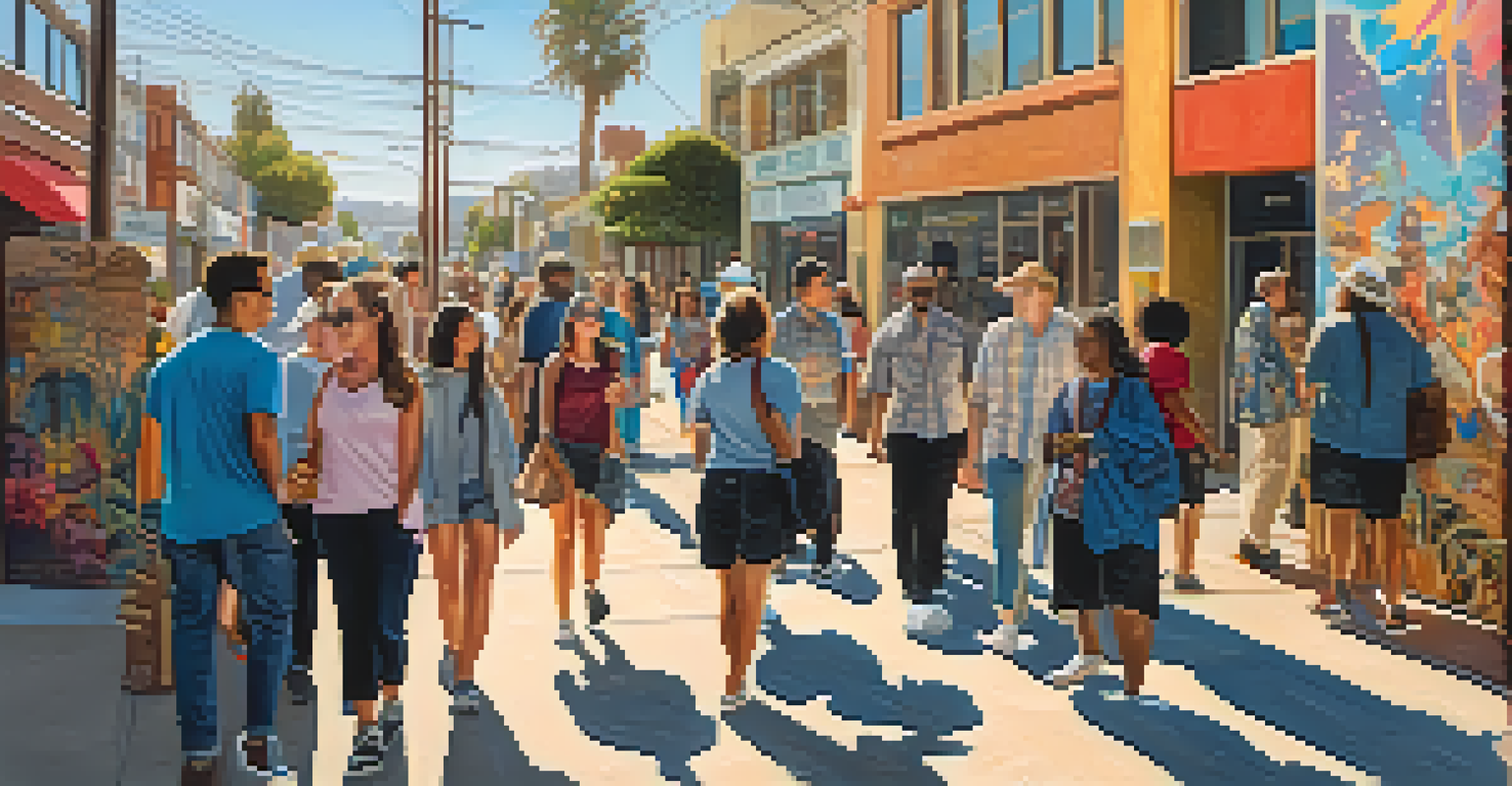 A diverse group of people exploring a vibrant mural neighborhood in San Diego, holding a map and surrounded by colorful murals.