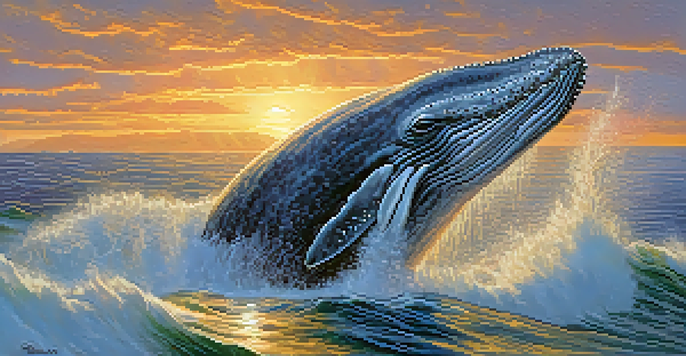 A gray whale breaching the ocean surface during sunset with the San Diego coastline in the background.