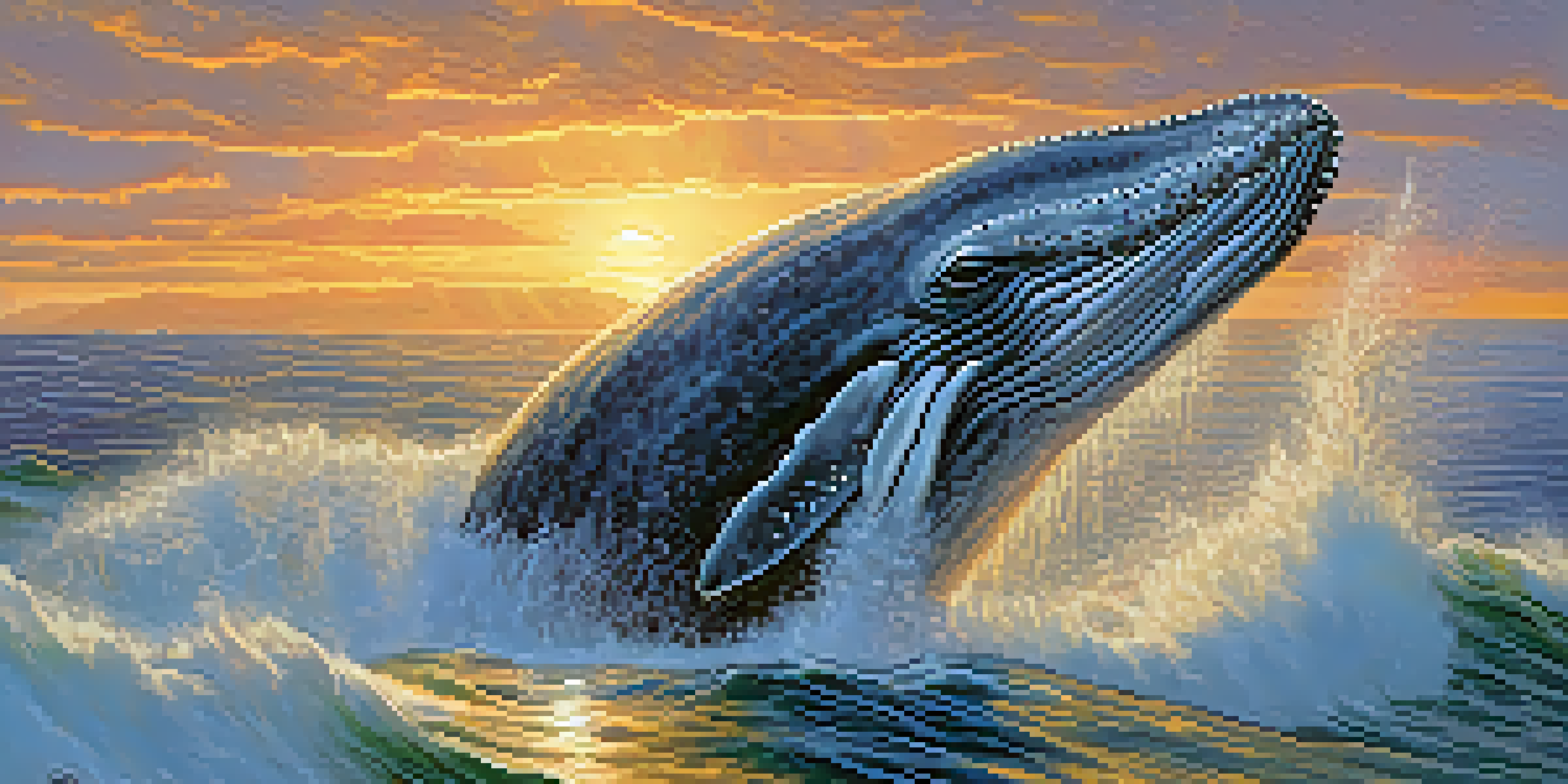 A gray whale breaching the ocean surface during sunset with the San Diego coastline in the background.
