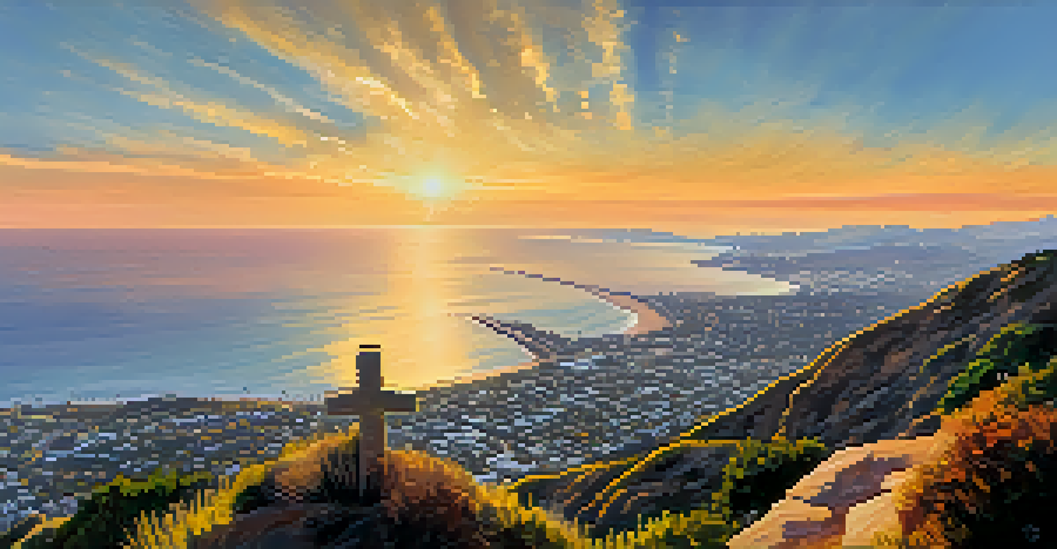 A panoramic sunrise view from Mount Soledad, highlighting the cross silhouette and colorful sky.