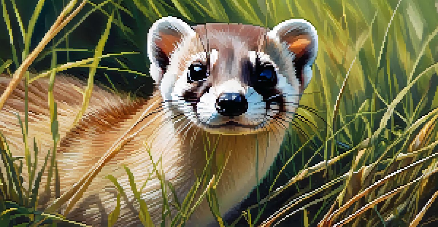 A close-up portrait of a black-footed ferret resting in grass, surrounded by wildflowers, with soft sunlight creating a warm atmosphere.