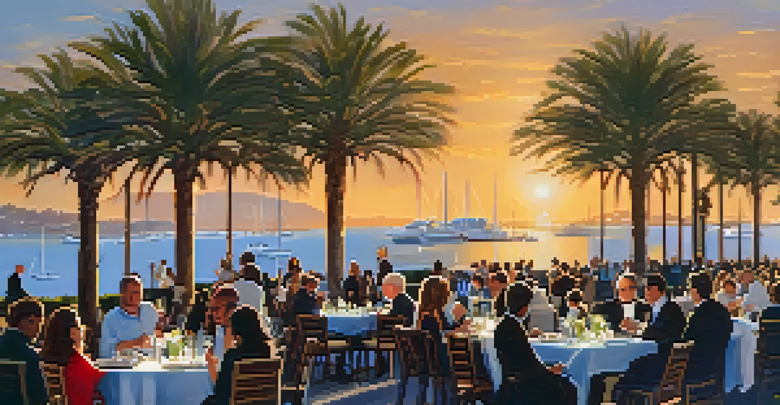 An elegant outdoor festival scene with tables of fine wines and gourmet dishes, set against a beautiful bay view during sunset.