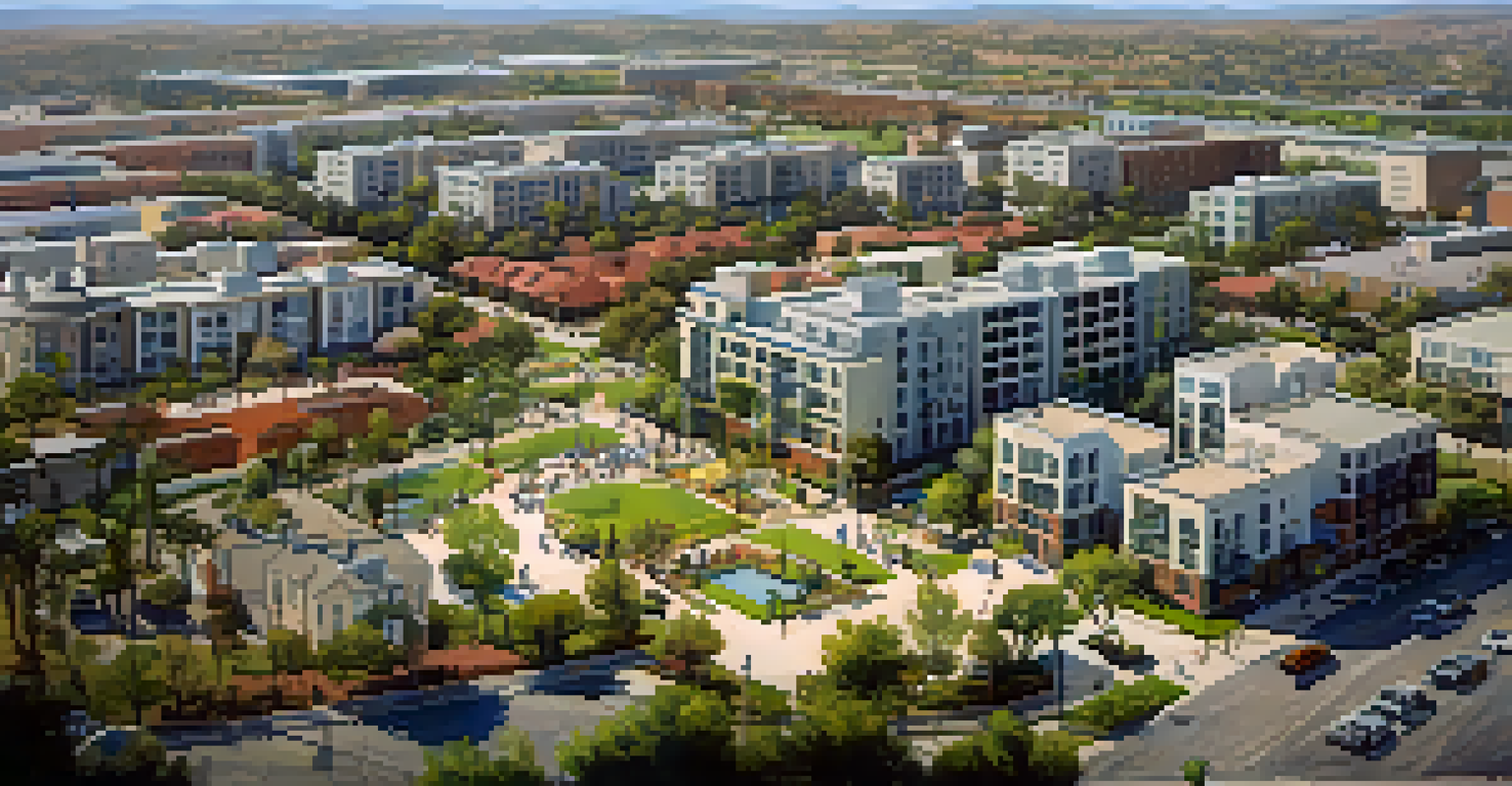 Aerial view of a mixed-use urban area near a military base in San Diego, featuring residential buildings and parks.