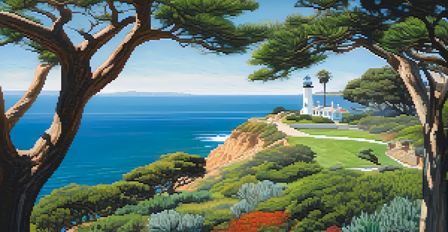 A scenic view of Cabrillo National Monument with the lighthouse and ocean, surrounded by greenery and a clear blue sky.