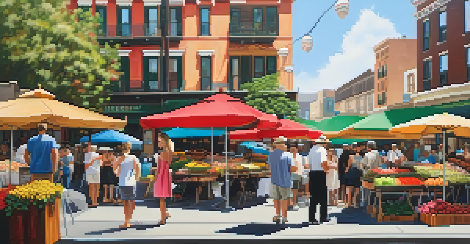 The Little Italy Farmers Market with flowers and gourmet foods, historic architecture, and families enjoying the atmosphere.
