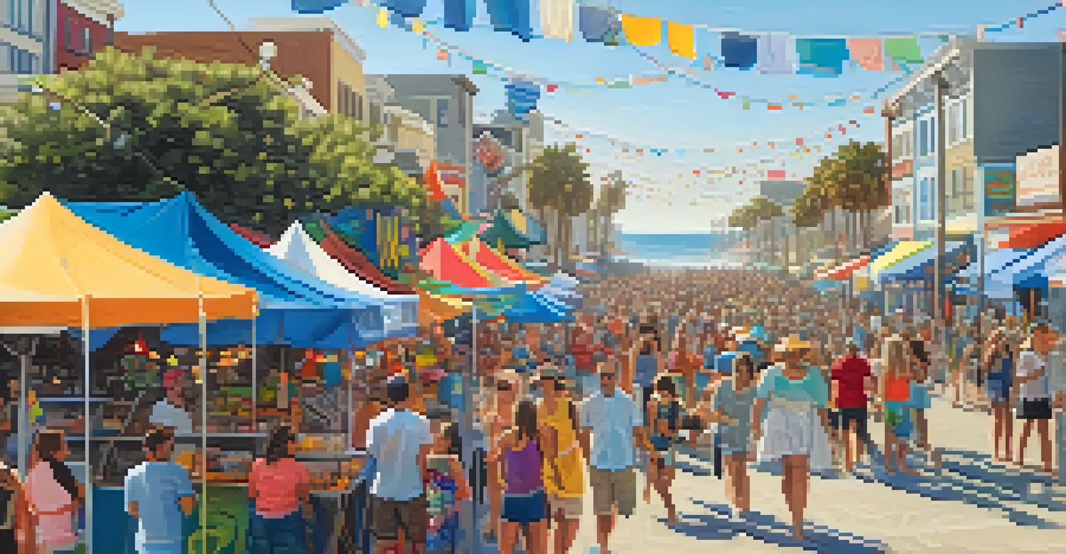 A vibrant Ocean Beach Street Fair with live music, food trucks, and artisan stalls against a beautiful beach backdrop.