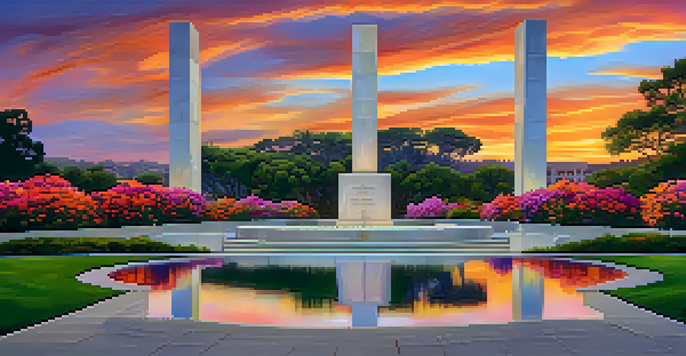 A sunset view of the San Diego Veterans Memorial with veterans in uniforms reflecting on their service, surrounded by colorful flowers and greenery.